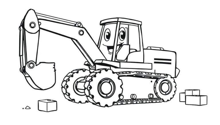Una excavadora sonriente lista para colorear en su placa de color.