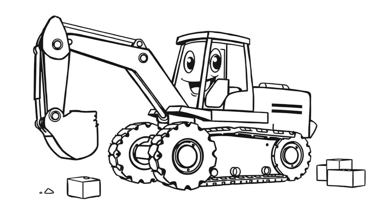 Una excavadora sonriente lista para colorear en su placa de color.