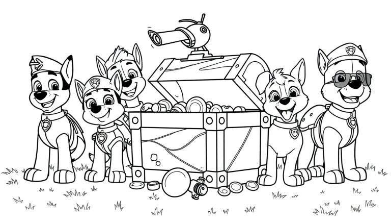 Página para colorear de la Patrulla Canina con un cofre del tesoro y cañón, lista para añadir color.