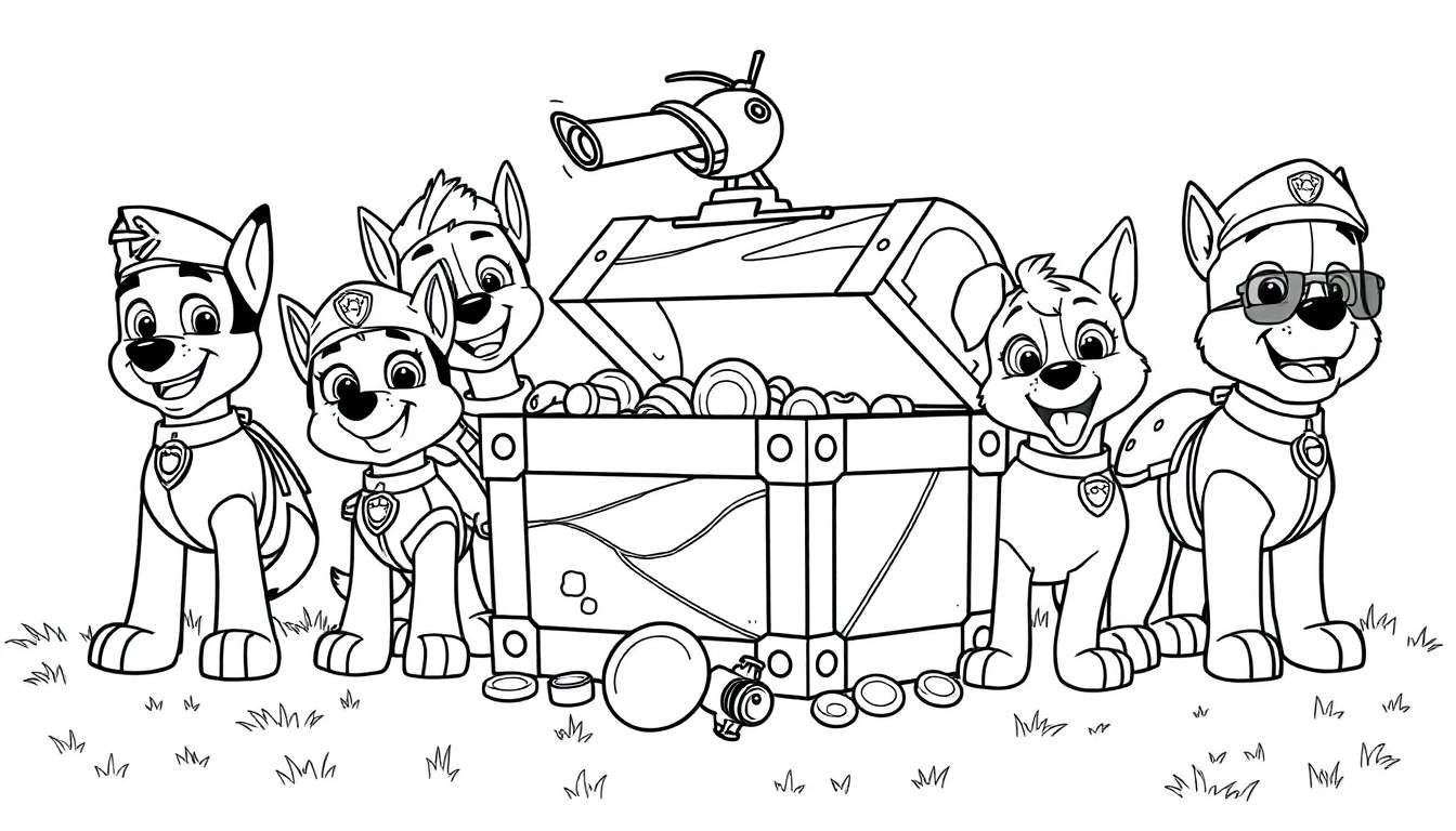 Página para colorear de la Patrulla Canina con un cofre del tesoro y cañón, lista para añadir color.