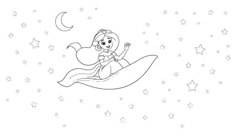 Placa de color de la Princesa Jazmín volando feliz en una alfombra mágica bajo un cielo estrellado.