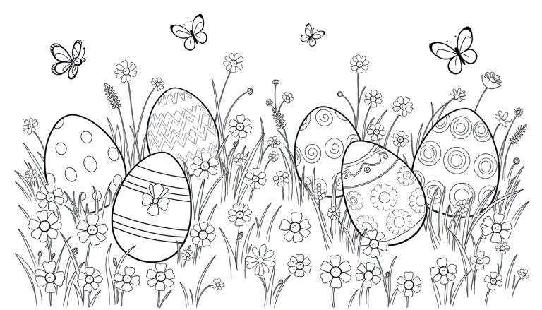 Placa de color de huevos de Pascua decorados en un prado con mariposas.