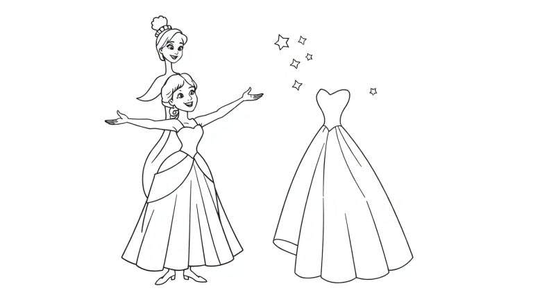 Cenicienta y su hada madrina, con un vestido mágico flotando, todo en una placa de color para colorear.