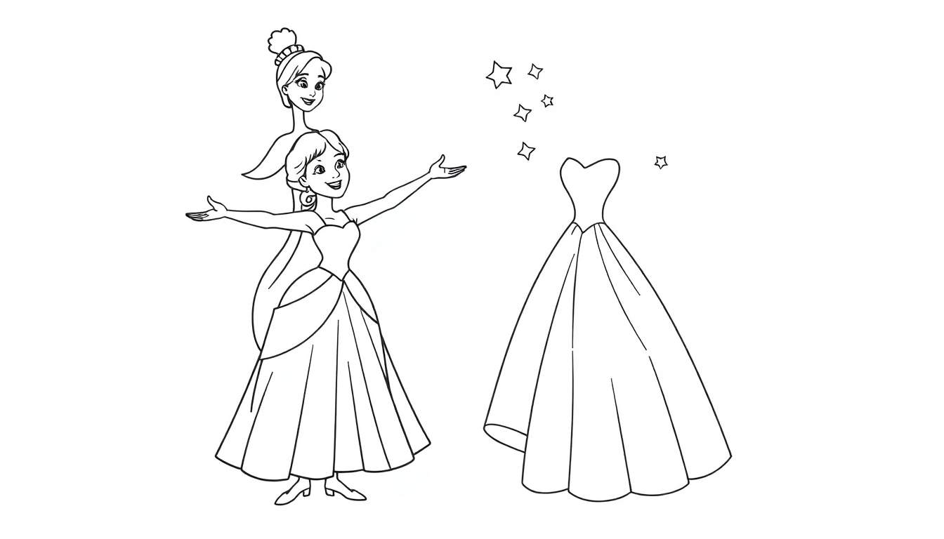 Cenicienta y su hada madrina, con un vestido mágico flotando, todo en una placa de color para colorear.