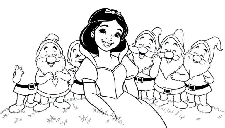Blancanieves y los 7 enanitos, una página para colorear en blanco y negro con la placa de color de fondo.