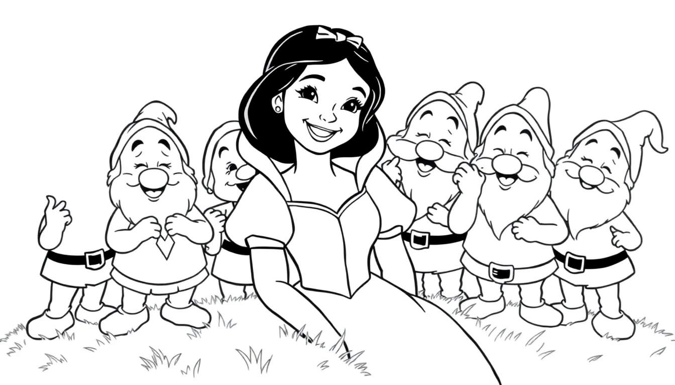 Blancanieves y los 7 enanitos, una página para colorear en blanco y negro con la placa de color de fondo.
