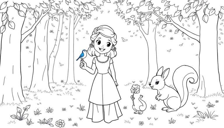 Blancanieves sonriendo con un pájaro azul y amigos animales en el bosque, lista para colorear en una placa de color.