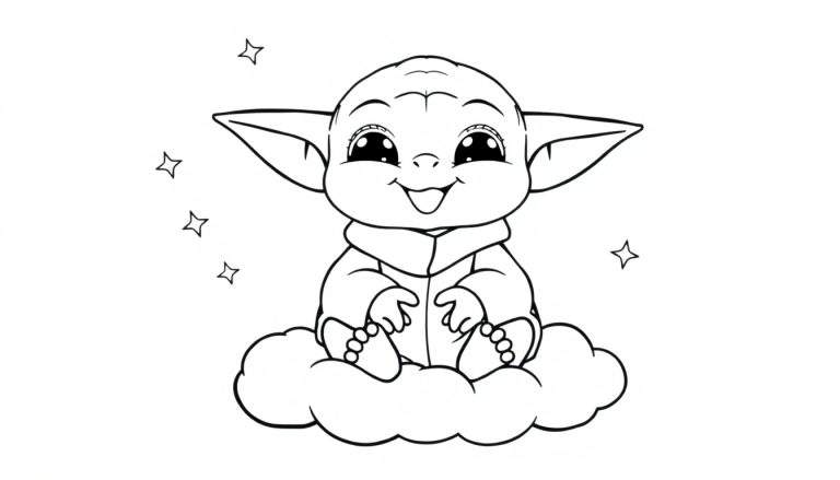 Placa de color de Baby Yoda sonriendo en una nube.