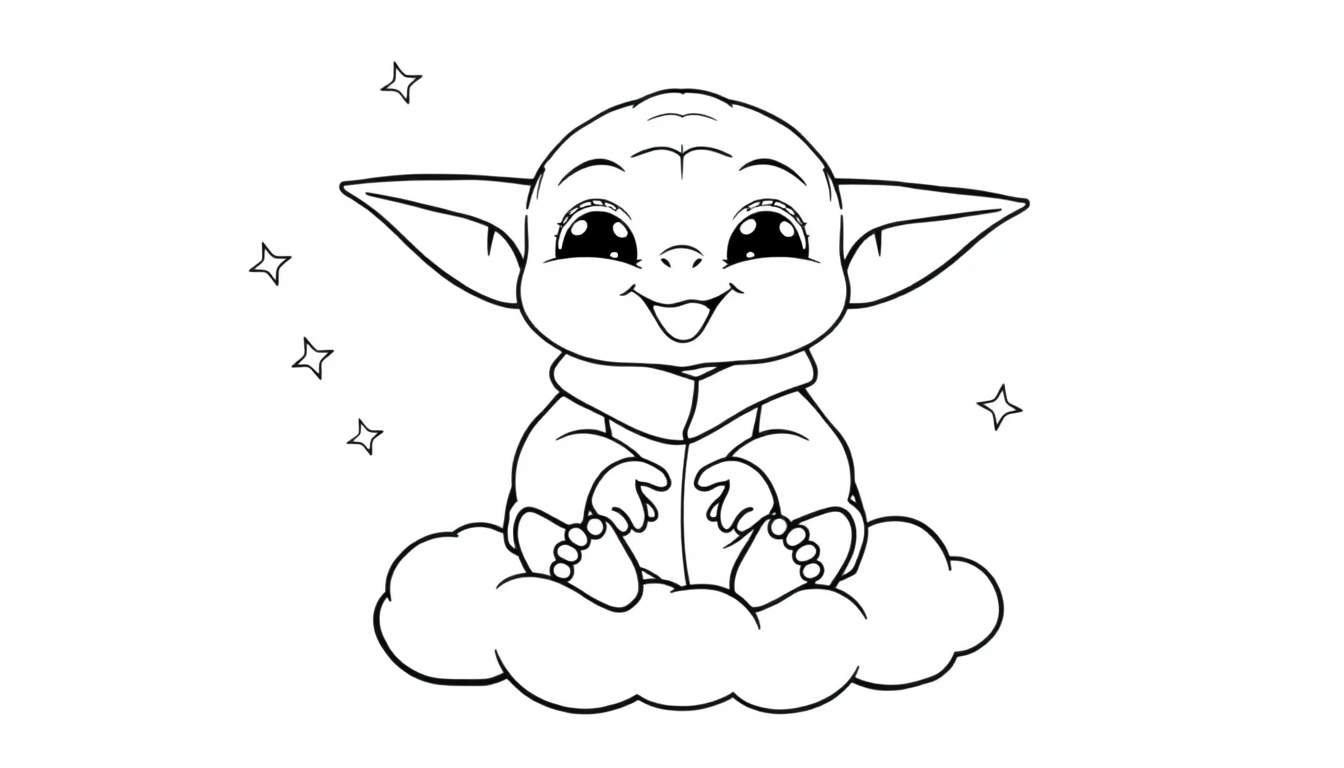 Placa de color de Baby Yoda sonriendo en una nube.