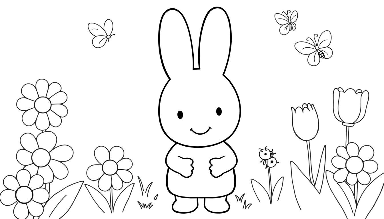 Placa de color de un conejito Miffy feliz en el jardín con flores y mariposas.