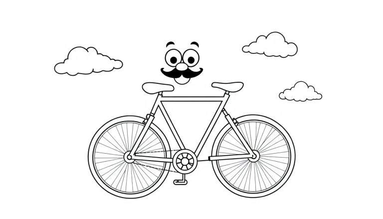 Bicicleta sonriente con bigote y ojos, lista para colorear en su placa de color, flotando entre nubes.