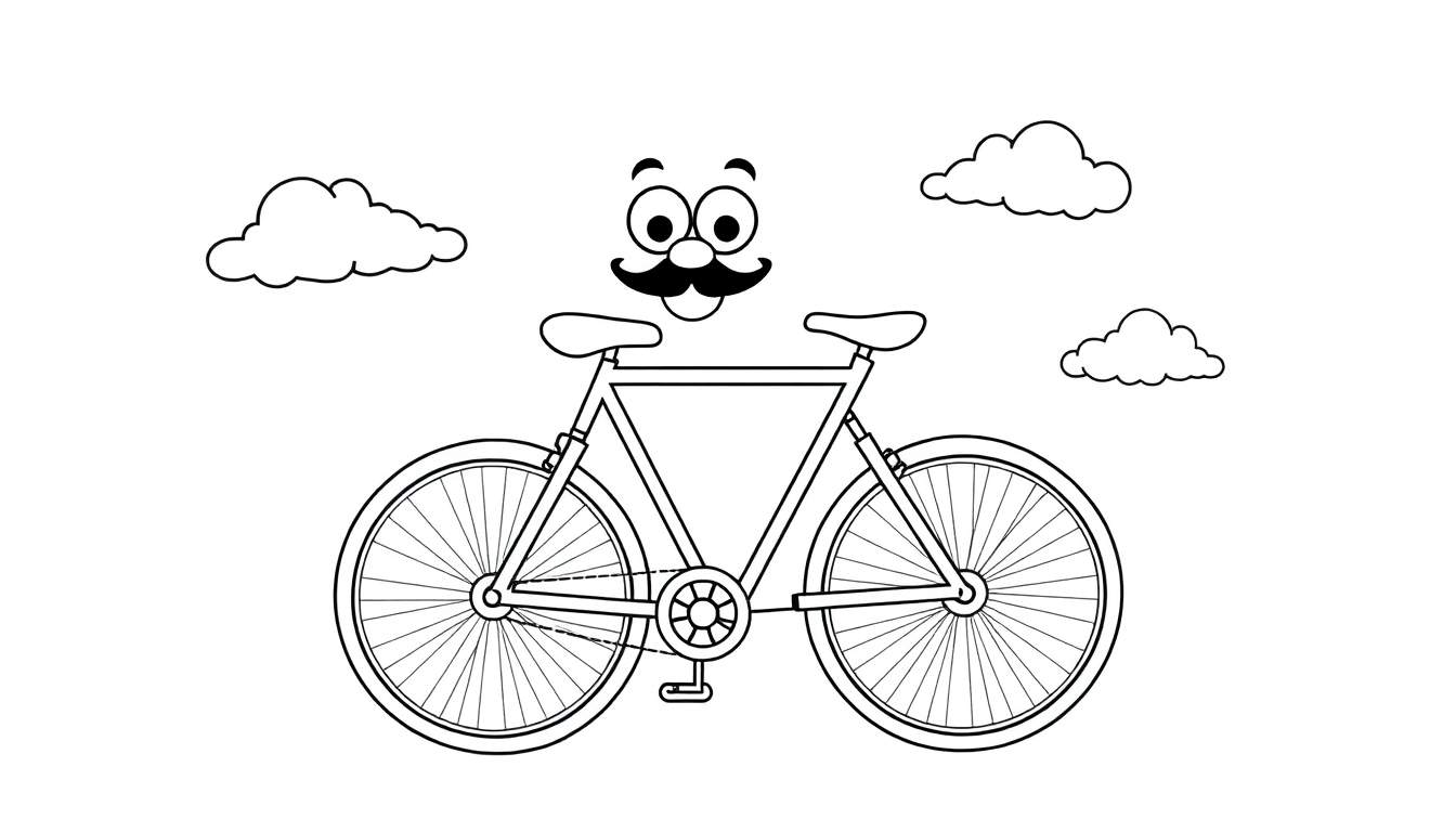 Bicicleta sonriente con bigote y ojos, lista para colorear en su placa de color, flotando entre nubes.