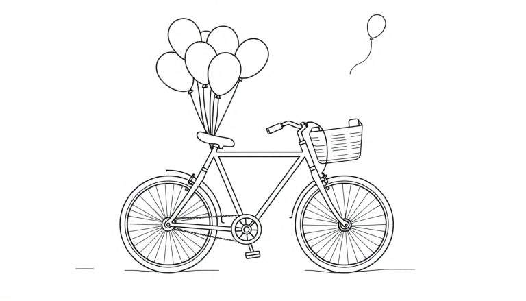Una bicicleta lineal para colorear con un cesto delantero y globos atados.