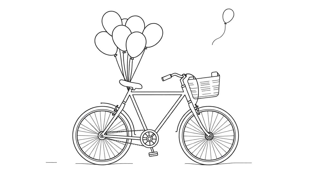 Una bicicleta lineal para colorear con un cesto delantero y globos atados.