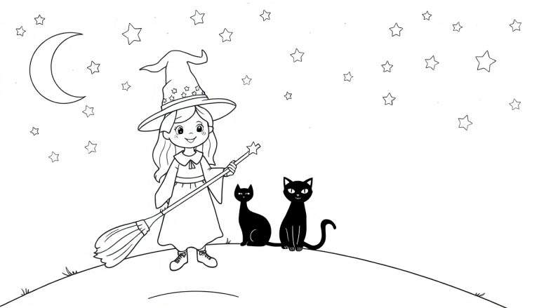 Placa de color de una brujita amigable con su gato negro en una noche estrellada.