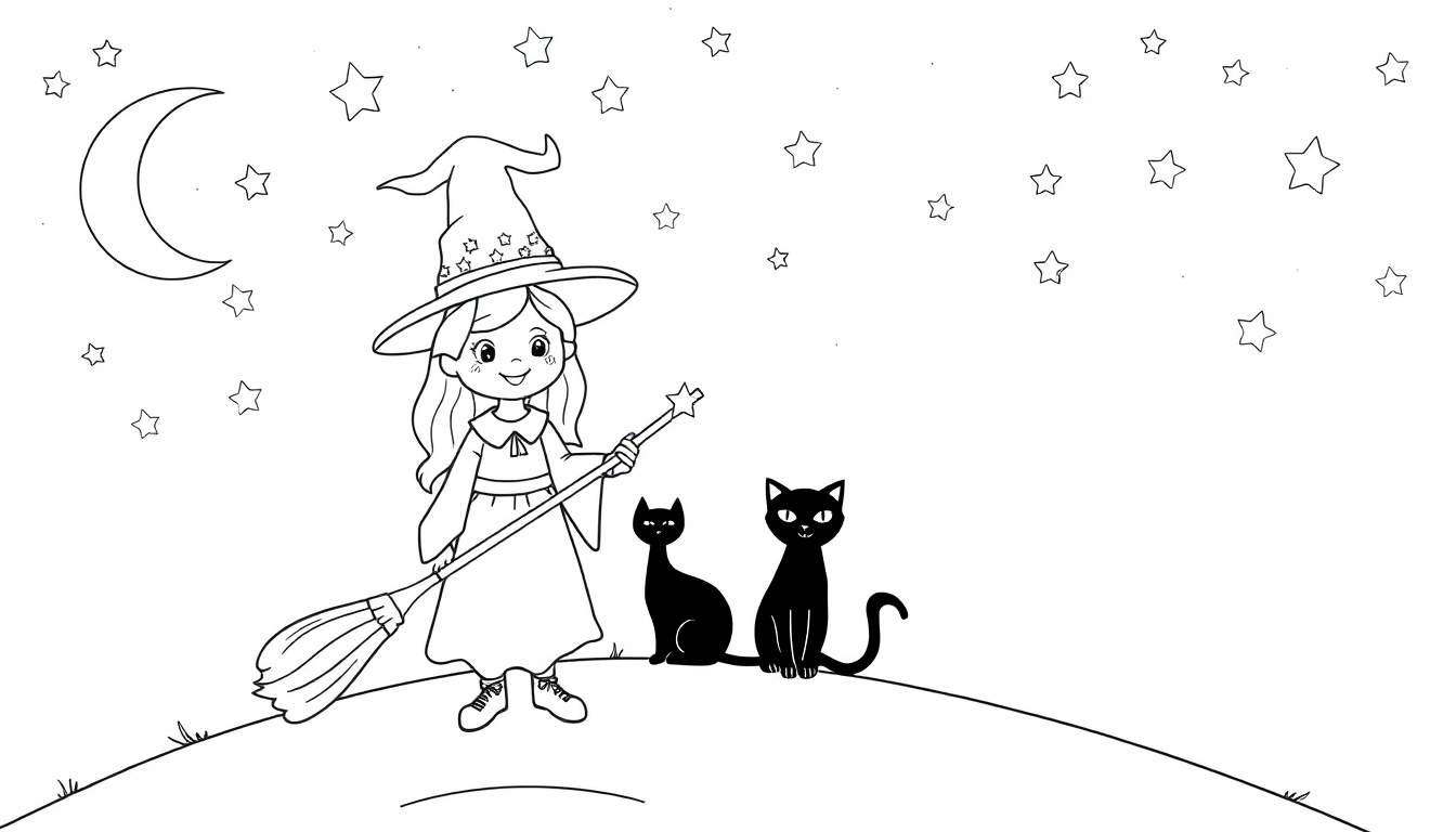 Placa de color de una brujita amigable con su gato negro en una noche estrellada.