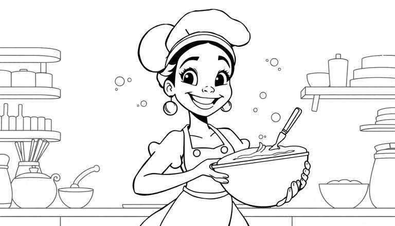 Ilustración de caricatura de Tiana con gorro de chef y delantal, sonriendo y sosteniendo un tazón de masa. Cocina con estantes al fondo. Dibujo lineal para colorear. Placa de color.