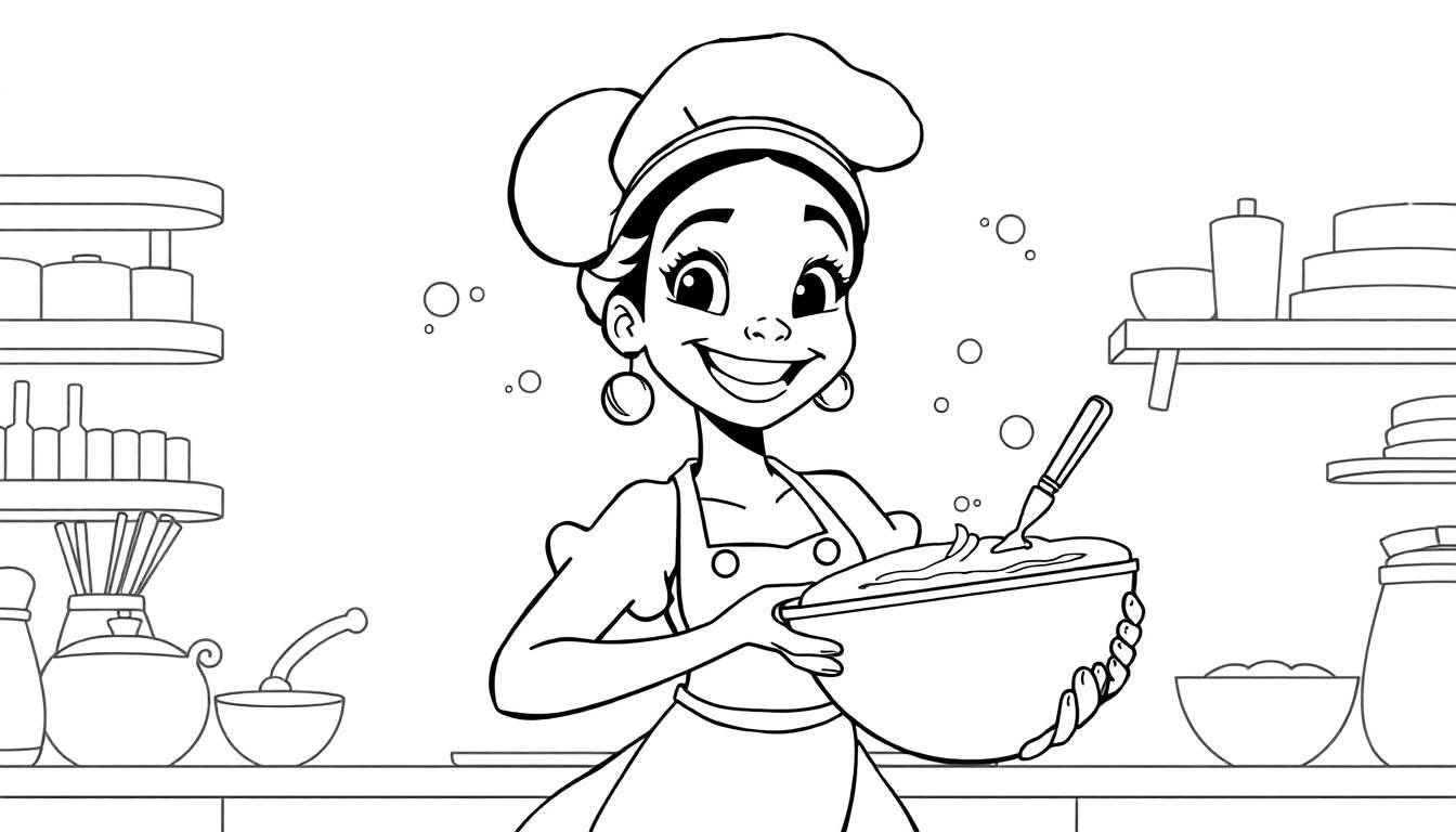 Ilustración de caricatura de Tiana con gorro de chef y delantal, sonriendo y sosteniendo un tazón de masa. Cocina con estantes al fondo. Dibujo lineal para colorear. Placa de color.