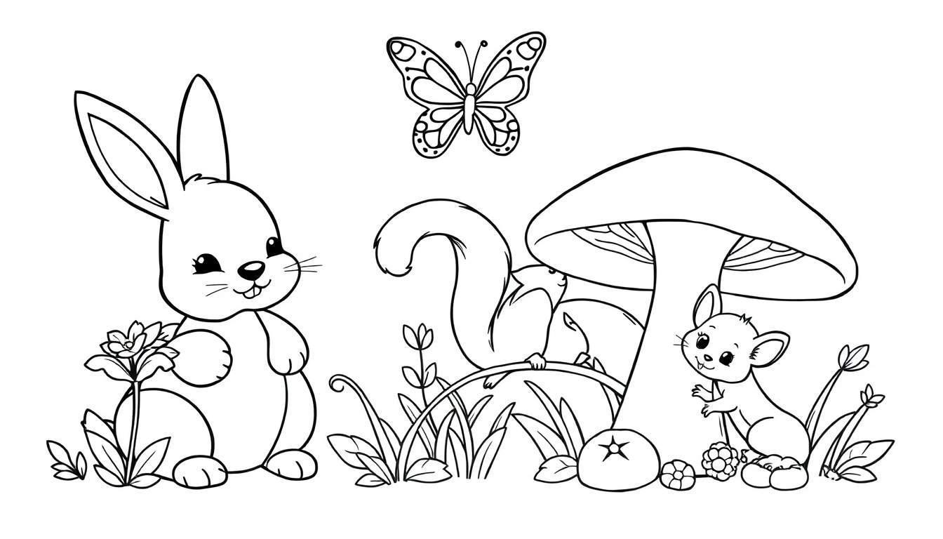 Placa de color para colorear con un conejo, mariposa, ardilla y ratón.
