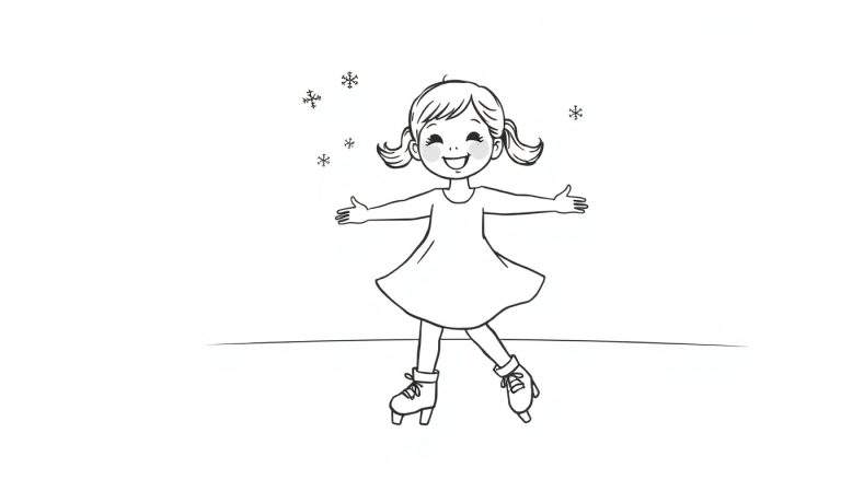 Ilustración en blanco y negro de una niña patinando felizmente sobre el hielo, con copos de nieve cayendo a su alrededor. Placa de color.