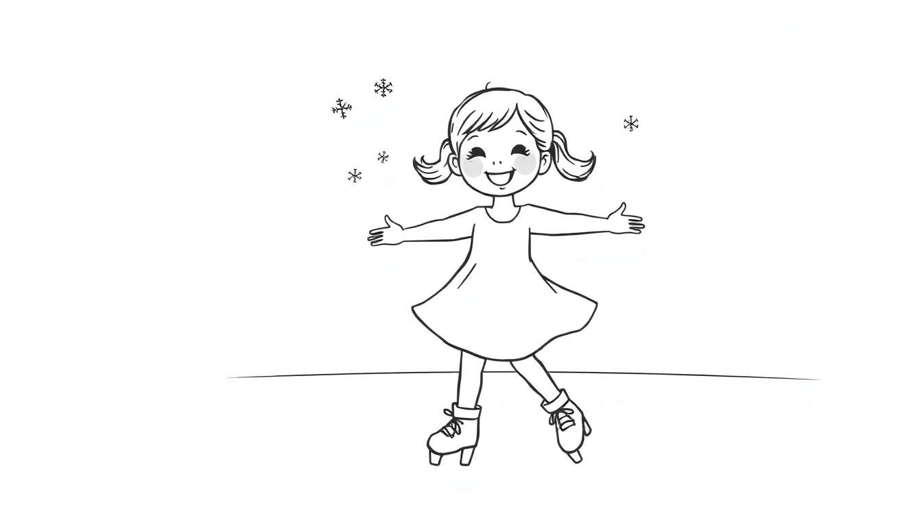 Ilustración en blanco y negro de una niña patinando felizmente sobre el hielo, con copos de nieve cayendo a su alrededor. Placa de color.