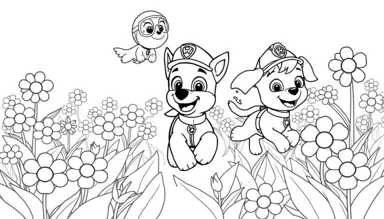 Ryder, Chase y Skye de la Patrulla Canina en un campo de flores para colorear, con la placa de color lista para usar.