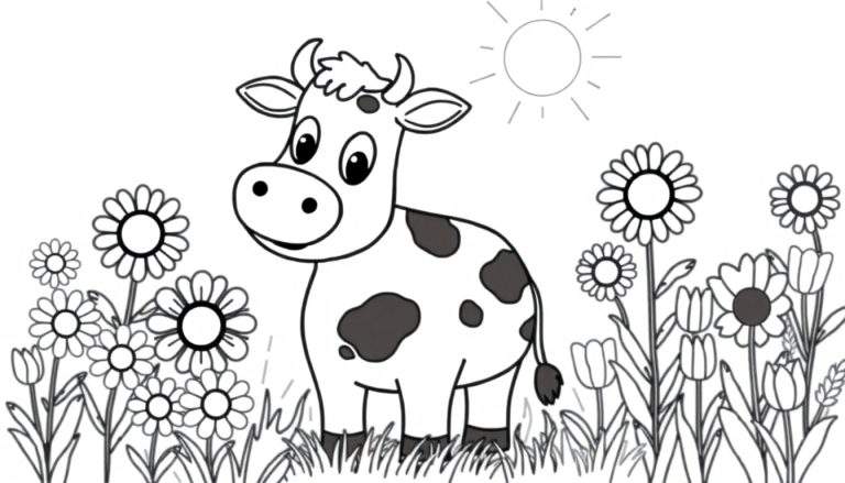 Placa de color de una vaca de dibujos animados con flores y sol.