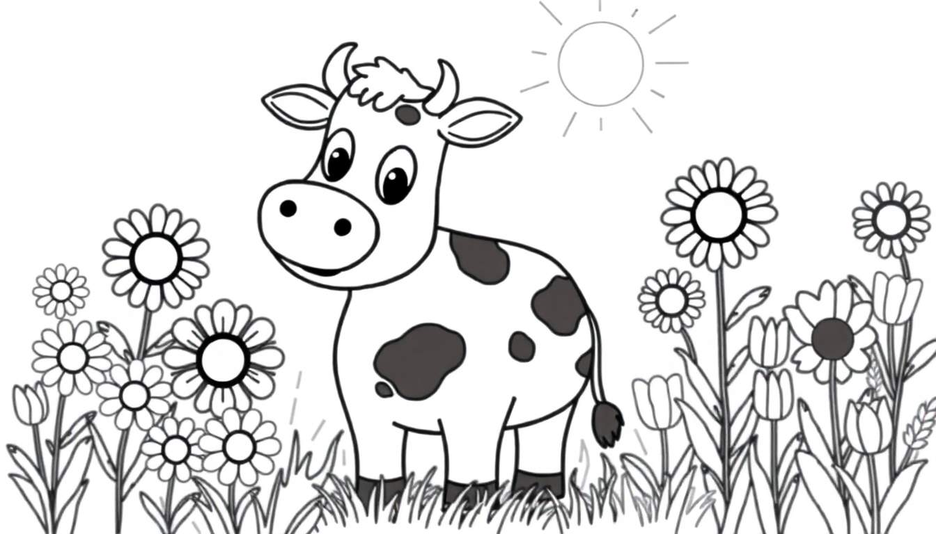 Placa de color de una vaca de dibujos animados con flores y sol.