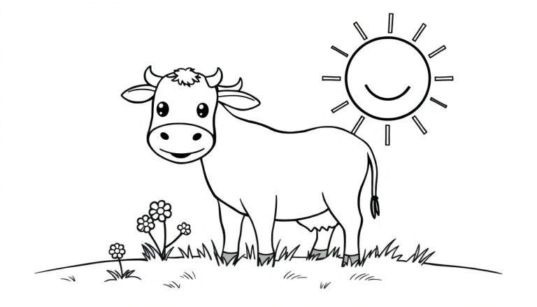 Una vaca de dibujos animados feliz en un campo soleado con flores, lista para ser coloreada. La placa de color está en blanco.
