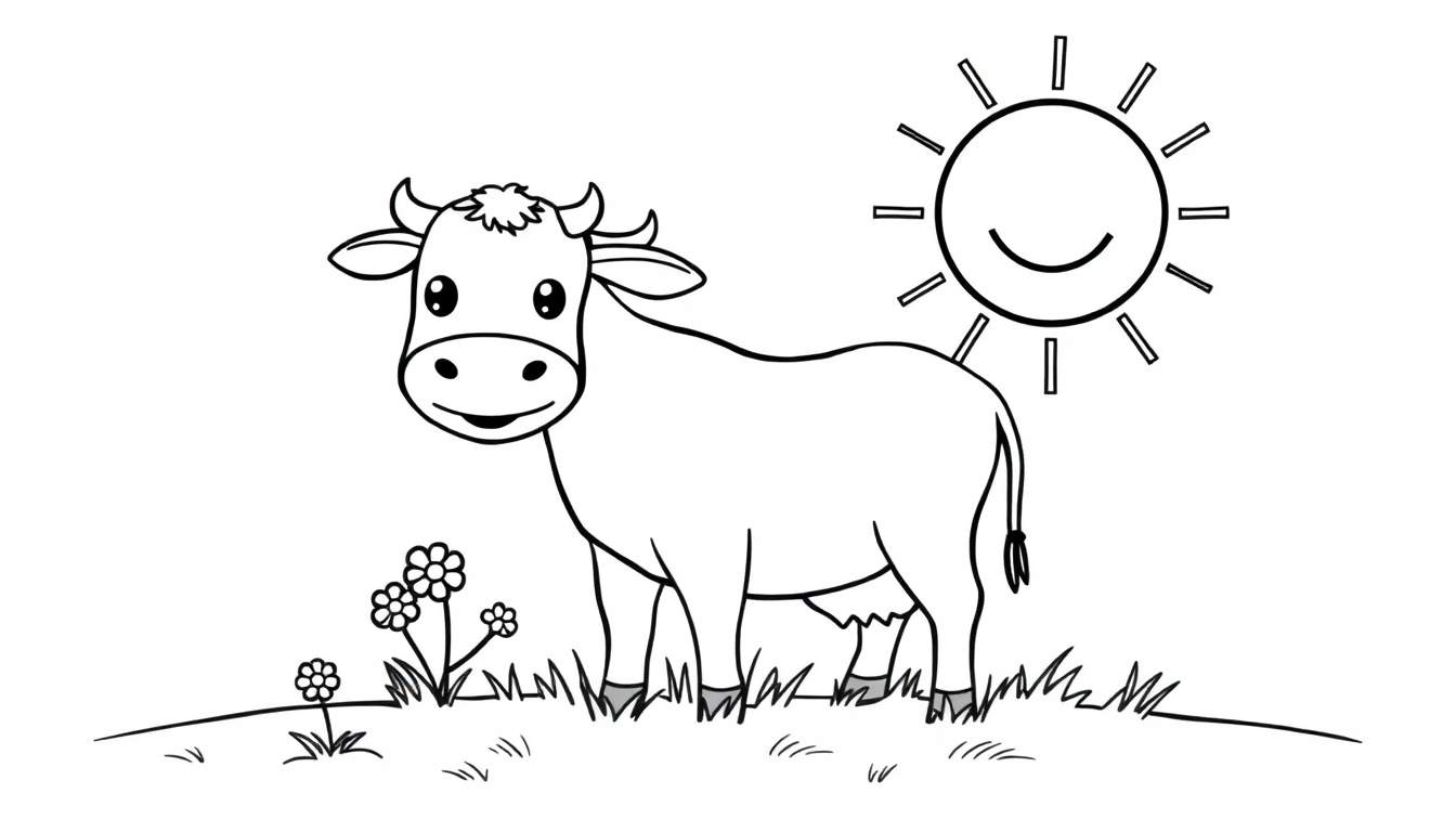 Una vaca de dibujos animados feliz en un campo soleado con flores, lista para ser coloreada. La placa de color está en blanco.