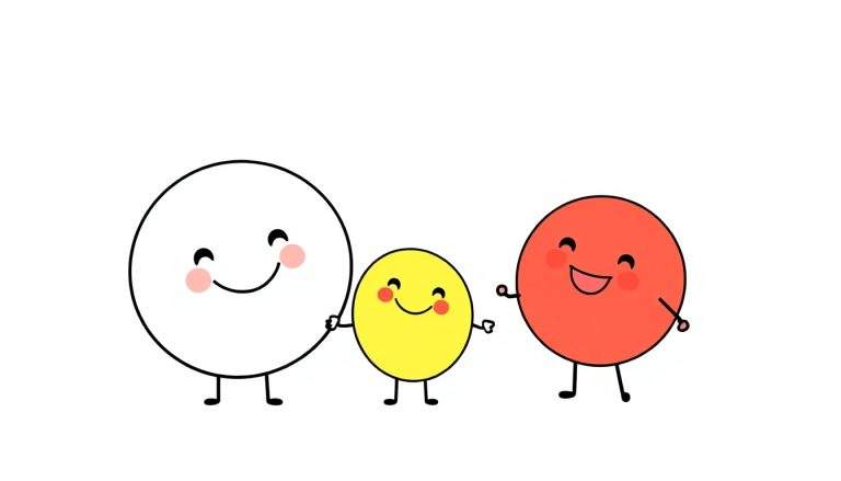 Una placa para colorear con tres círculos amigables, uno blanco, uno amarillo y uno rojo, tomándose de las manos con sonrisas.