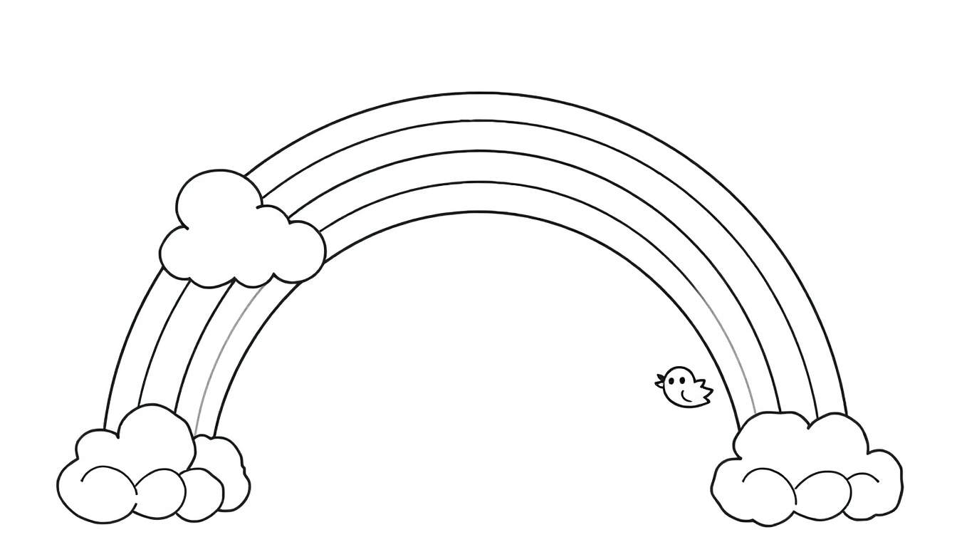Un dibujo lineal en blanco y negro de un arcoíris con cuatro arcos, nubes esponjosas en los extremos y un pajarito sonriente, listo para ser coloreado con la placa de color.