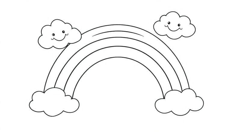 Página para colorear: arcoíris sonriente con nubes amigables en placa de color.