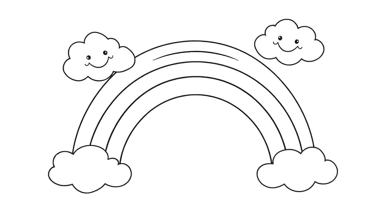 Página para colorear: arcoíris sonriente con nubes amigables en placa de color.