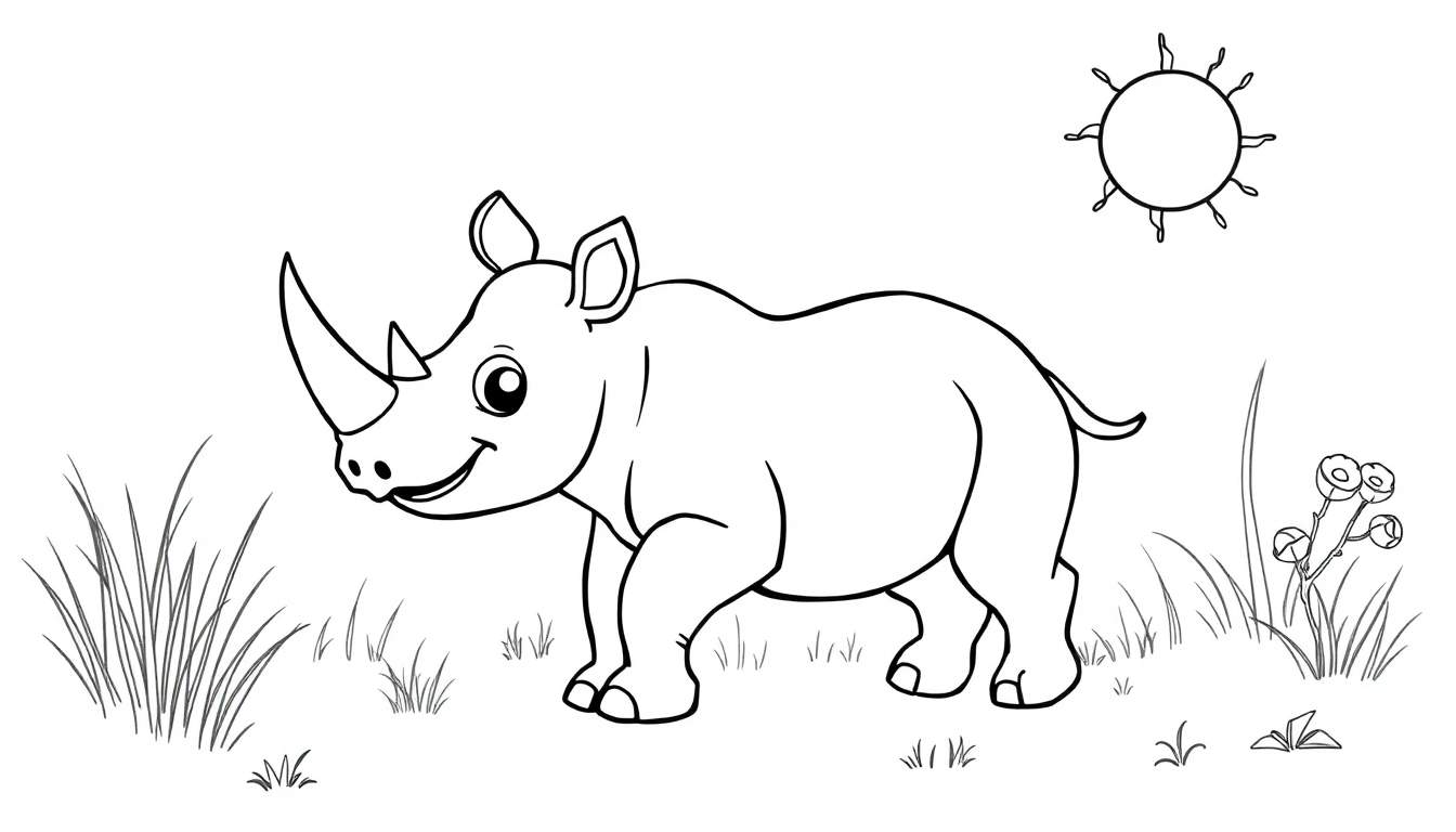 Rinoceronte bebé de dibujos animados en un prado con flores y un sol en la placa de color.