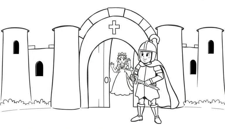 Placa de color: caballero y princesa frente a un castillo