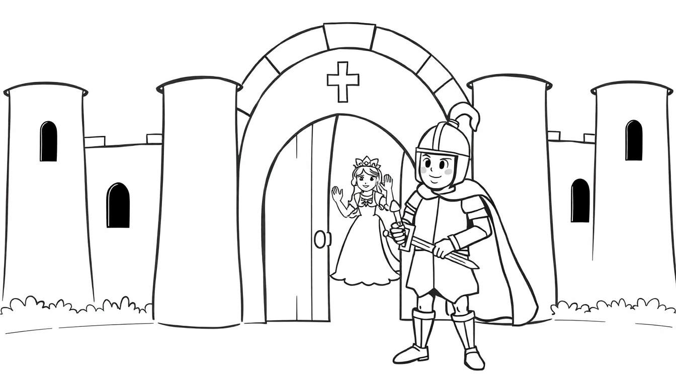 Placa de color: caballero y princesa frente a un castillo