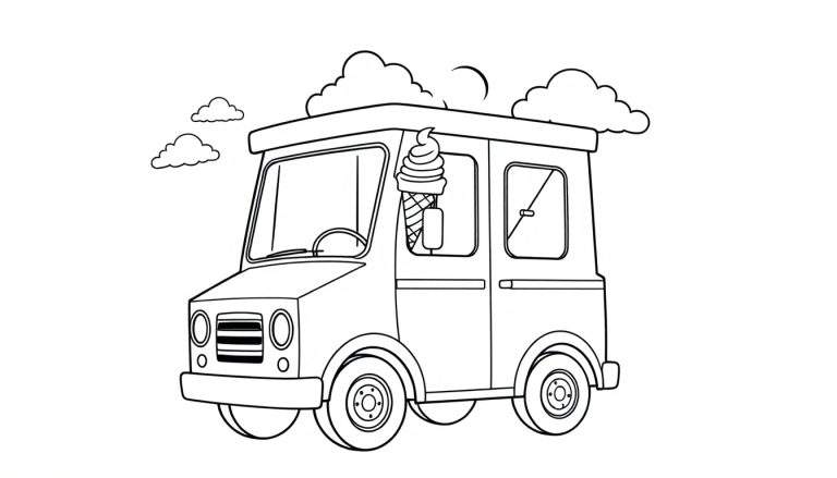 Placa de color de un camión de helados antiguo con un gran cono de helado en la parte superior.