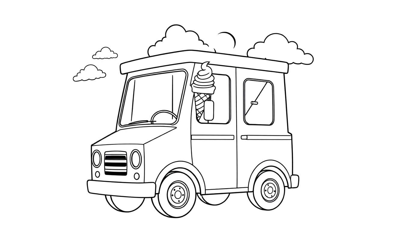 Placa de color de un camión de helados antiguo con un gran cono de helado en la parte superior.