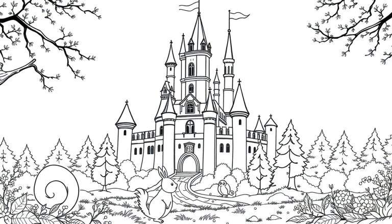 Placa de color de un castillo de cuento de hadas con torres y banderas, situado en un bosque con un conejo y un búho en un camino.
