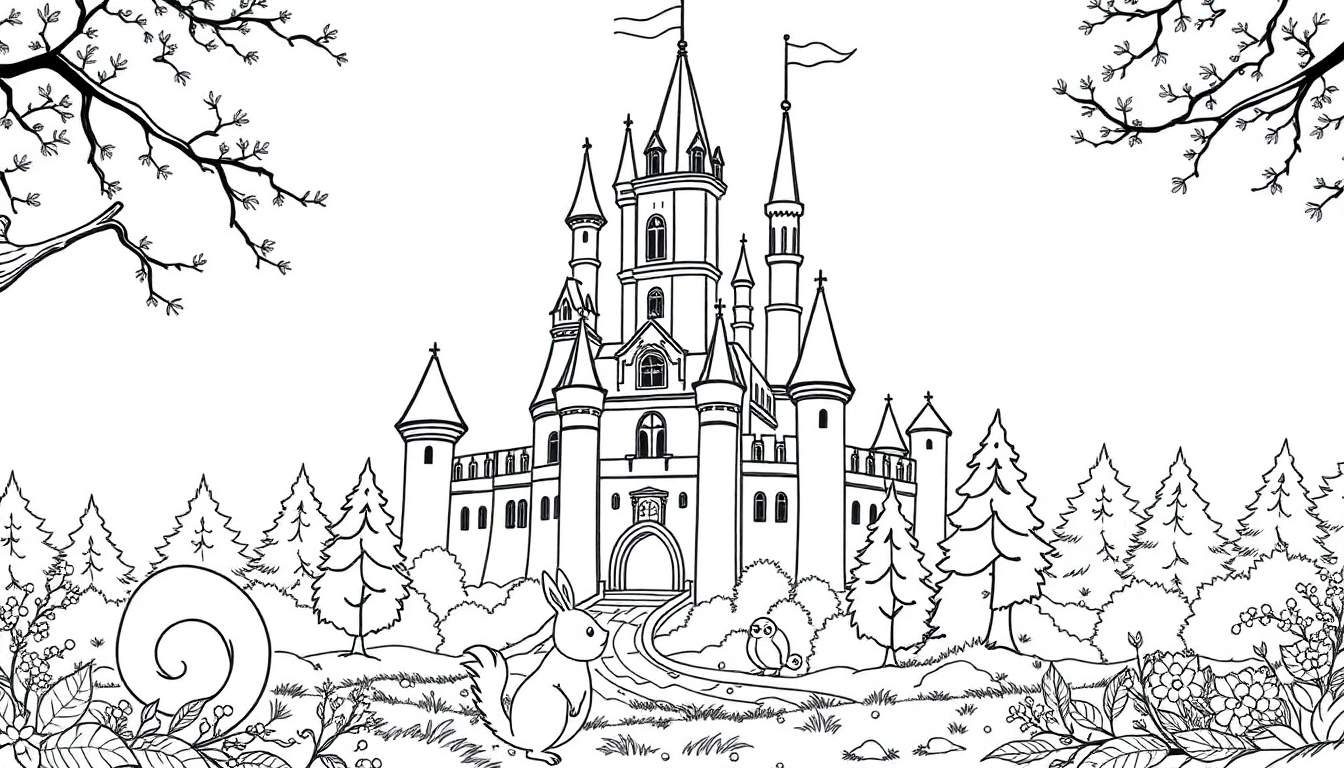 Placa de color de un castillo de cuento de hadas con torres y banderas, situado en un bosque con un conejo y un búho en un camino.
