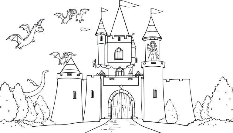 Un castillo de cuento de hadas en blanco y negro para colorear, con una princesa saludando desde una torre y dragones volando alrededor. Incluye un cartel de placa de color.