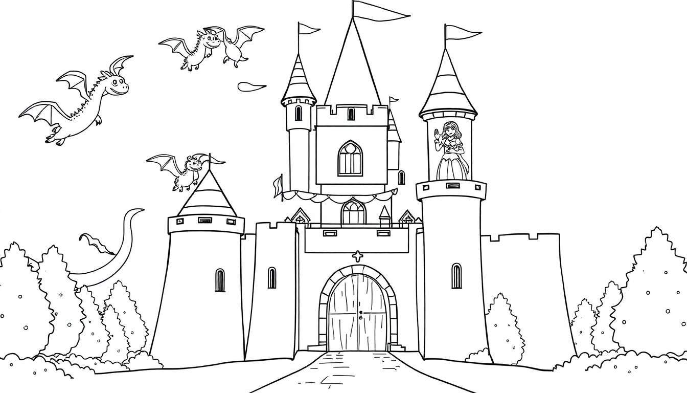 Un castillo de cuento de hadas en blanco y negro para colorear, con una princesa saludando desde una torre y dragones volando alrededor. Incluye un cartel de placa de color.