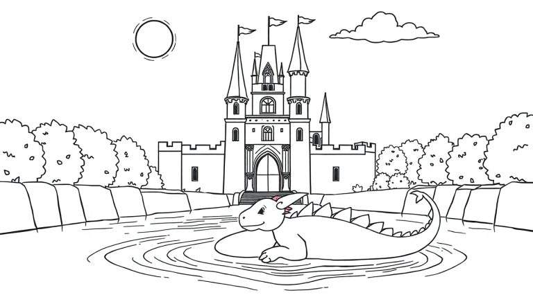 Una página para colorear de un castillo mágico con un dragón amigable durmiendo en un foso de agua. Placa de color.