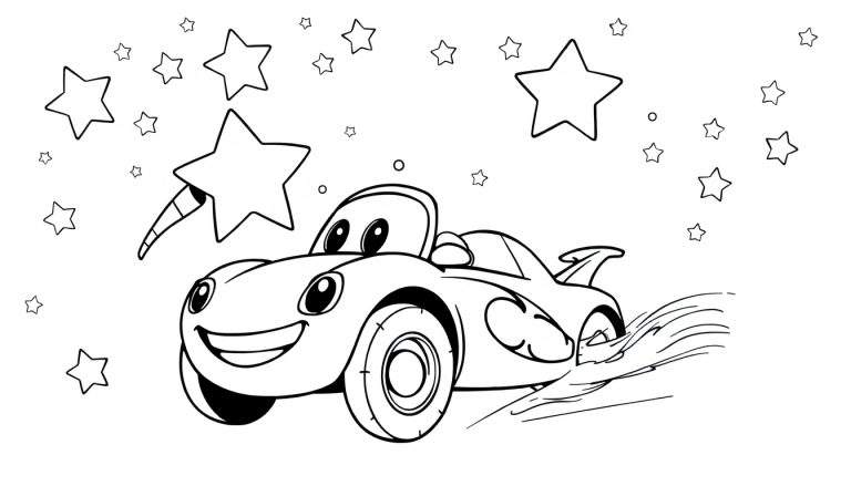 Un coche de carreras amigable sonriendo y persiguiendo una estrella fugaz en un cielo estrellado, para colorear. Este diseño en placa de color es perfecto para los más pequeños.