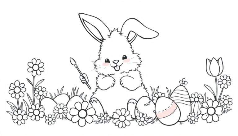 Placa de color: un conejito de Pascua pintando huevos en un jardín.