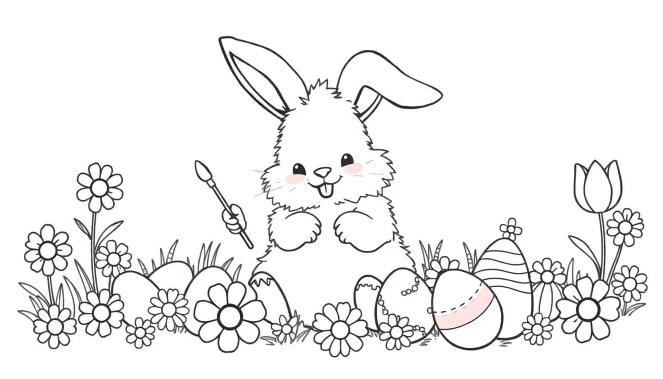 Placa de color: un conejito de Pascua pintando huevos en un jardín.