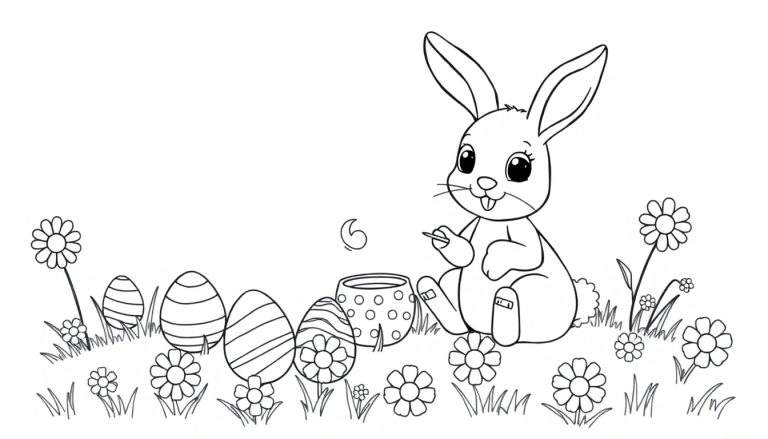 Un conejito de Pascua pintando huevos coloridos en una placa de césped con flores.