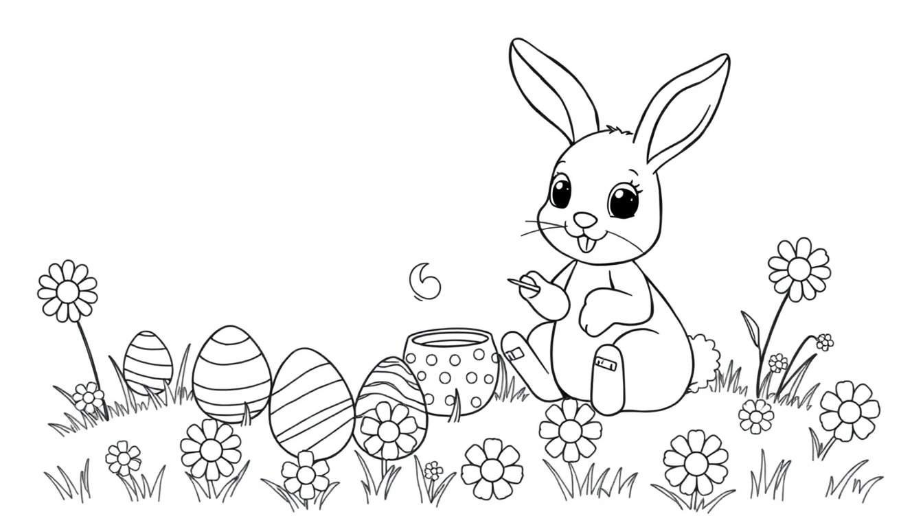 Un conejito de Pascua pintando huevos coloridos en una placa de césped con flores.