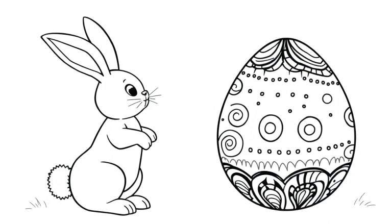Un conejito de Pascua de color blanco y negro con un huevo decorado, listo para colorear.